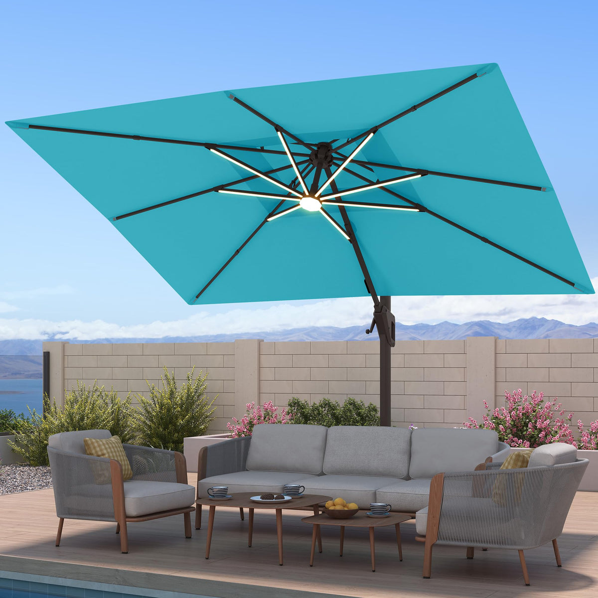 9x12 FT Patio Cantilever Outdoor Umbrella with Base and LED Lights (Turquoise)