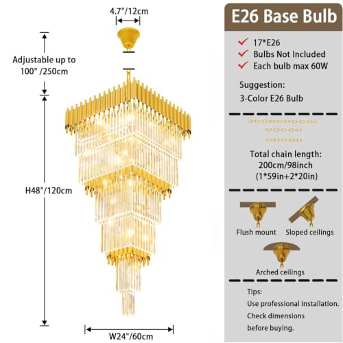 Modern Gold Crystal Staircase Chandelier Large Foyer Chandelier for High Ceiling Long Entryway Chandeliers Adjustable Chain for Hall Living Room Entrance W24 x H80 17 Lights (D24"XH80" Gold)