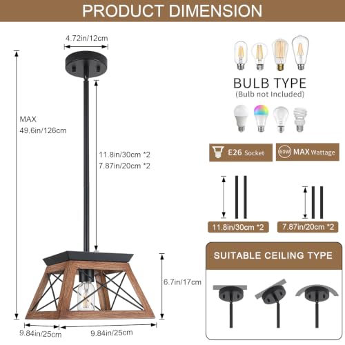 9.84Inches Farmhouse Pendant Light Fixture (10InchesWood)