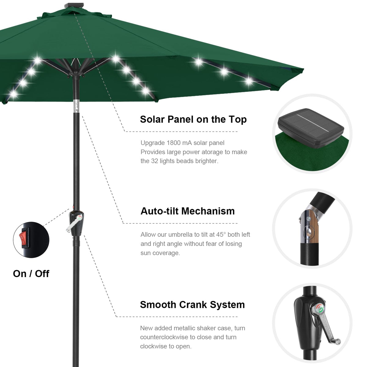 Solar Led Patio Umbrella with 32 Lights 11FT (LED Umbrella / 11ft / Deep Green)
