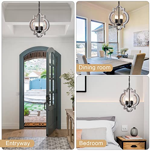 4 Light 15" Farmhouse Orb Chandelier Rustic Handmade Distressed White Wood Hanging Ceiling Pendant Light Fixture Wood Lantern Chandeliers for Dining Room Kitchen Bedroom Foyer Hallway (Textured-White / D15" x H17" 4-Light)