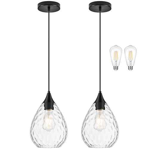 Black Glass Pendant Lights Kitchen Island 8" Pendant Light Hammered Clear Glass 2 Pack Height Adjustable Modern Hanging Pendant Lights for Dining Room Bedroom Hallway Sink Bulbs Incl (Black, 2 PK / 8 Inch)