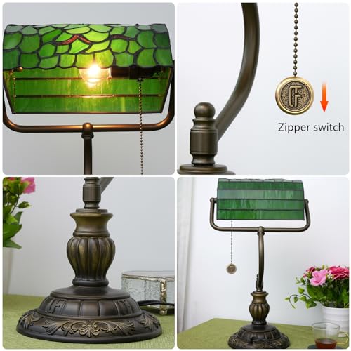 Tiffany Style Green Bankers Desk Lamp Stained Glass Lamps Tree Leaf Vintage Bedroom Bedside Study Pull Chain Reading Desk Light Retro Office Led Adjustable Nightstand Antique Accent Deskla (Green Leaves)