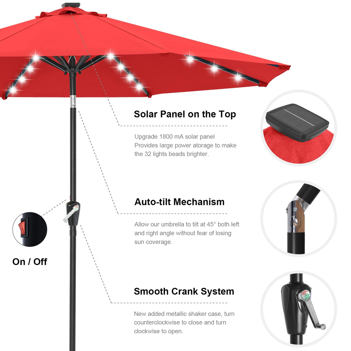 Solar Led Patio Umbrella with 32 Lights 11FT (LED Umbrella / 11ft / Red)