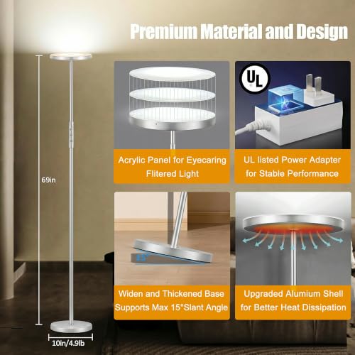 Floor Lamp Upgraded 40W 4000LM Super Bright Torchiere LED Floor Lamps for Living Room (Silver)