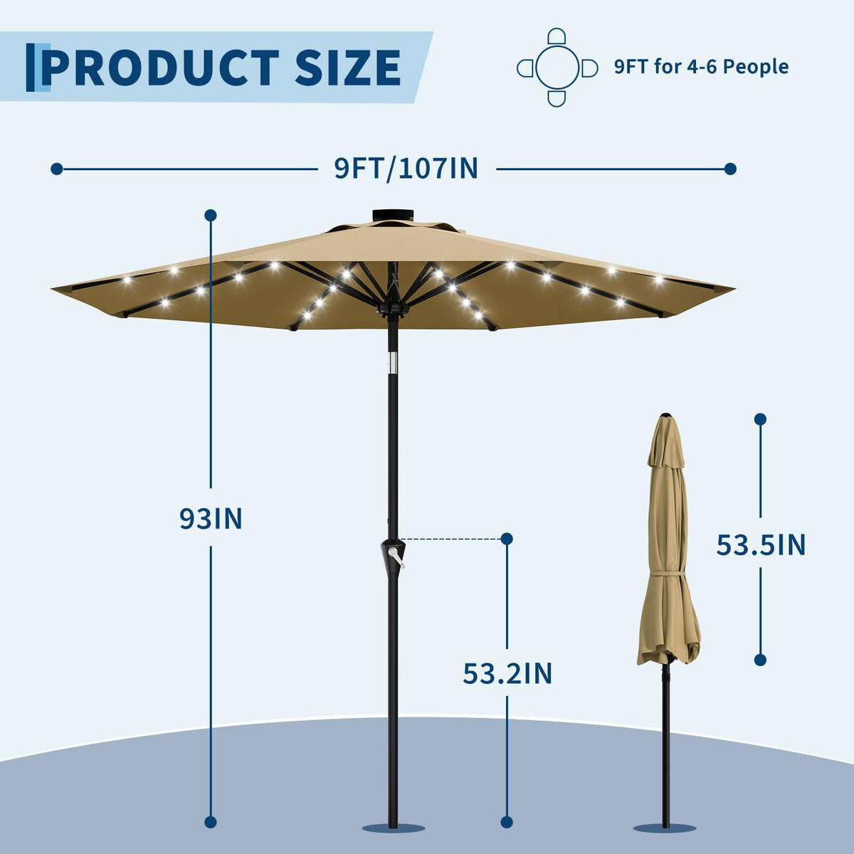 9FT Solar Patio Umbrella Outdoor Umbrella with 32 LED Lights (Tan / 9ft With Lights)