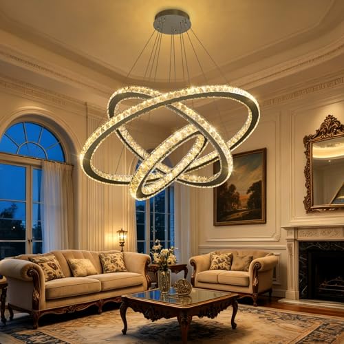 Crystal Chandelier Modern Dimmable LED Ceiling Light Fixture with Remote 3 Rings Stainless Steel Pendant Lighting for Living Room Dining Room Foyer Black (Black / 3-Ring 32")