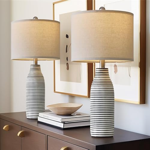 25" Ceramic Table Lamps Set of 2 Beside Lamps for Living Room Modern Bedroom Lamps for Night Stands with Rotary Switch Black and White Stripes (25" White&Black)