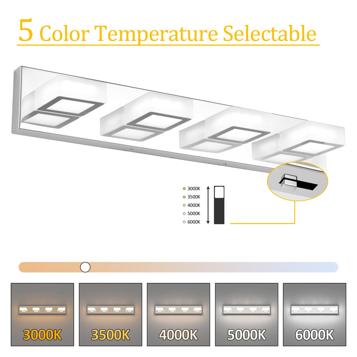Modern Led Chrome Bathroom Vanity Lights 5 Color Temperature Dimmable Acrylic Modern LED Chrome Bathroom Lighting Fixtures Over Mirror (Chrome-5 CCT / 26 inch)