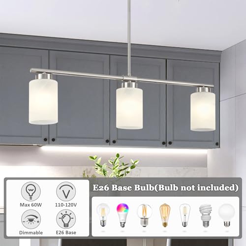 3 Light Kitchen Island Lighting Brushed Nickel Dining Room Light Fixture with Milk Glass Shade 31" Modern Linear Chandelier Adjustable Hanging Pendant Lighting Over Island Dining Table Living Room (Silver / 3-light)