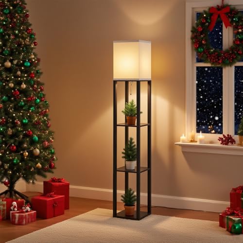 Floor Lamp with Shelves (Black(White Shade))