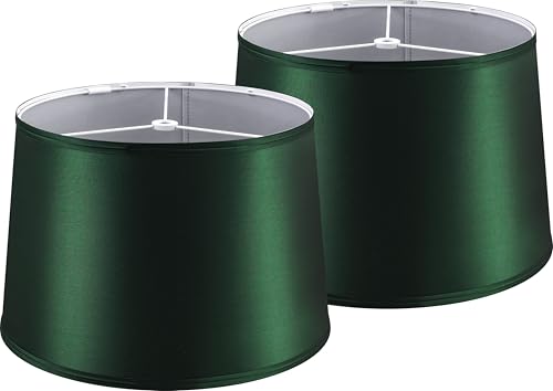 Large Dark Green Lampshades for Floor Lamp Set of 2 (14"×16"×10"-2 PCS / Green Natural Faux Silk)