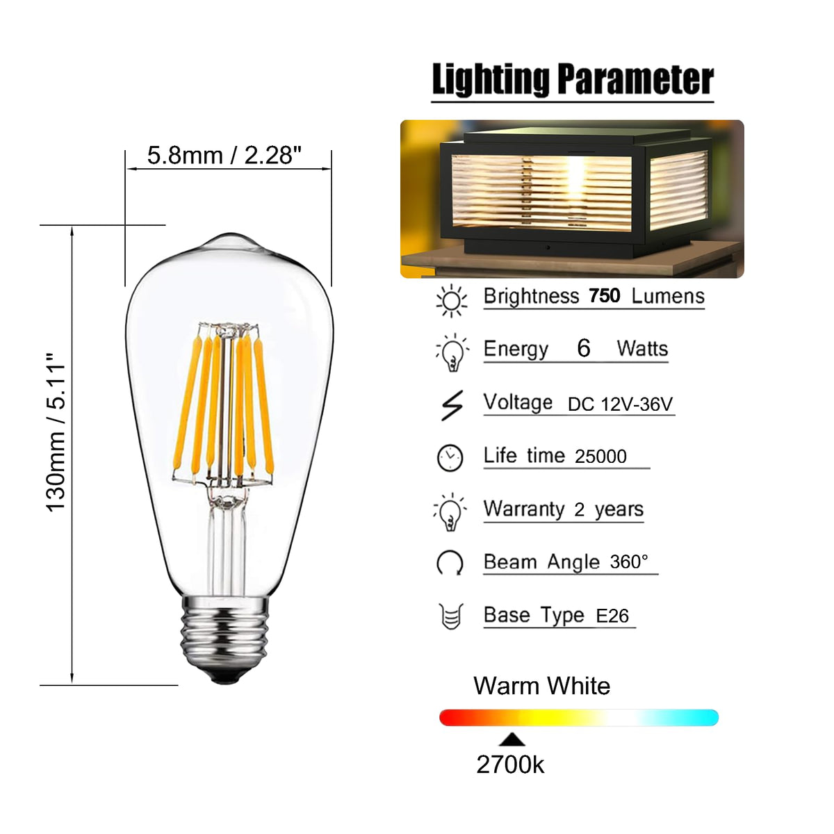 DC 12V 36V E26 Bulb for Outdoor Post Light (DC:12V-36V E26)