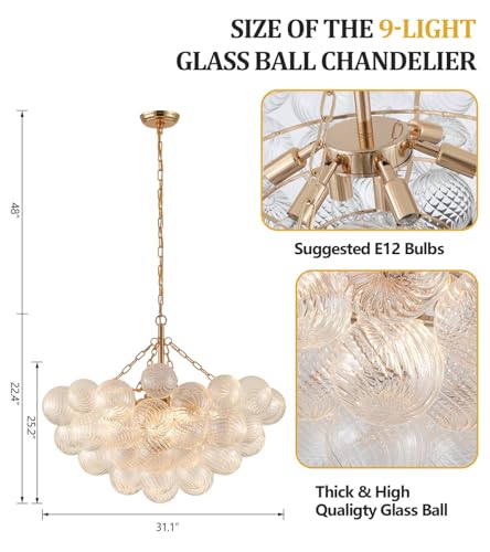 Modern Glass Chandelier (Pendant 9-Light 31.1 inches Gold)