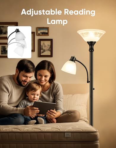 Torchiere Floor Lamp for Living Room with Reading Light (Black)