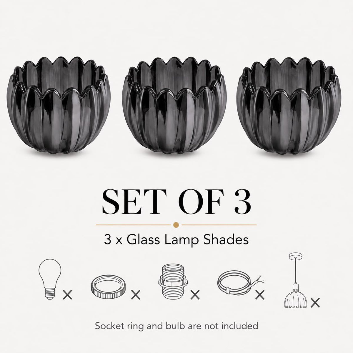 Dark Grey Tulip Glass Lamp Shades 3Pcs (Tulip Dark-Grey / 3 Pack)