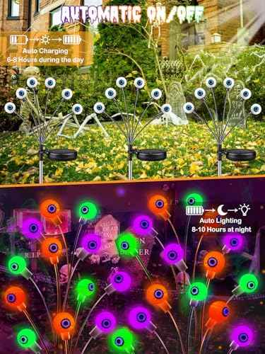 6 Pack Solar Halloween Decorations Outdoor 36 LED Solar Eyeball Lights (Orange Purple and Green / 6 Pack)
