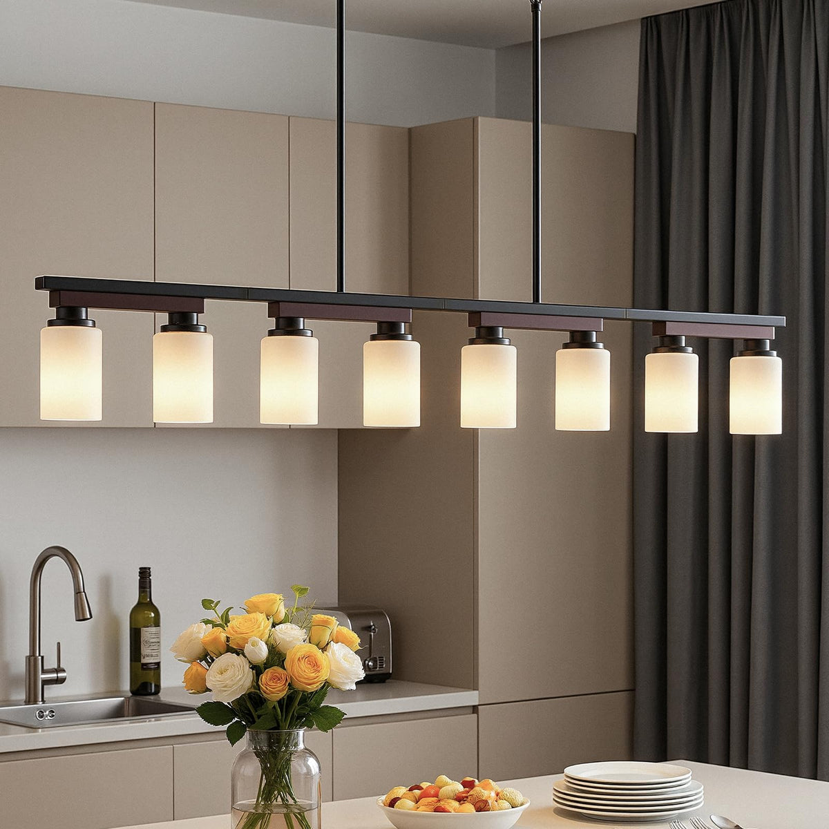 8 Light Black Linear Chandelier (Black+Milk Glass / 8 Light)