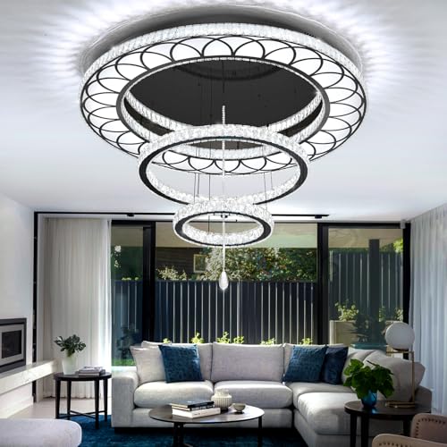 Dia 32" Modern Crystal Chandelier Crystal Black Ceiling Light Fixtures LED Flush Mount Ceiling Light for Living Room Bedrooms Dining Room Dimmable 2700k 4500k 6000k (Black / W:32inches)
