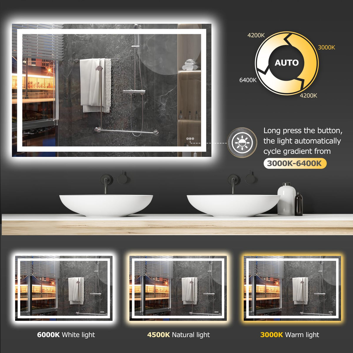 60"X40" LED Bathroom Mirror with Lights (Led Bathroom Mirror (3 Light Modes) / 60"L x 40"W)