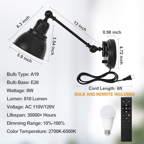1 Pack Plug in Wall Sconce with Remote Control (Black-1 PACK(Bulb+Remote))