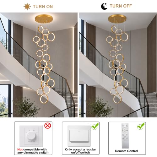 Modern 20 Ring Gold LED Chandelier for High Ceilings (Gold/20-Lights(circle,dimmable))