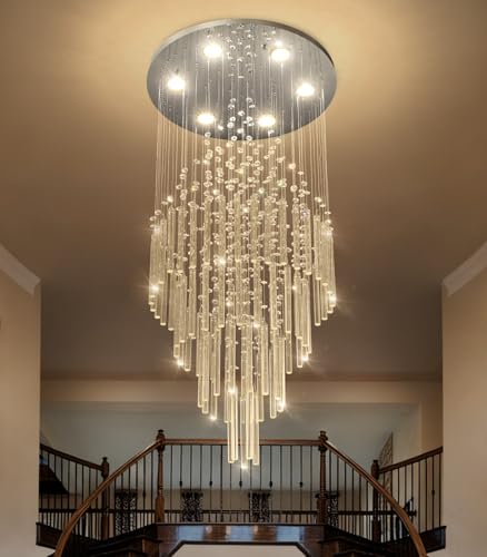 W20 x H40 Crystal Glam Chandelier Long Light Chandeliers with Dimmable Light Bulbs High Ceiling Light Fixtures for Foyer Entryway Living Room Stair Silver (Silver / Round W20" X H40")