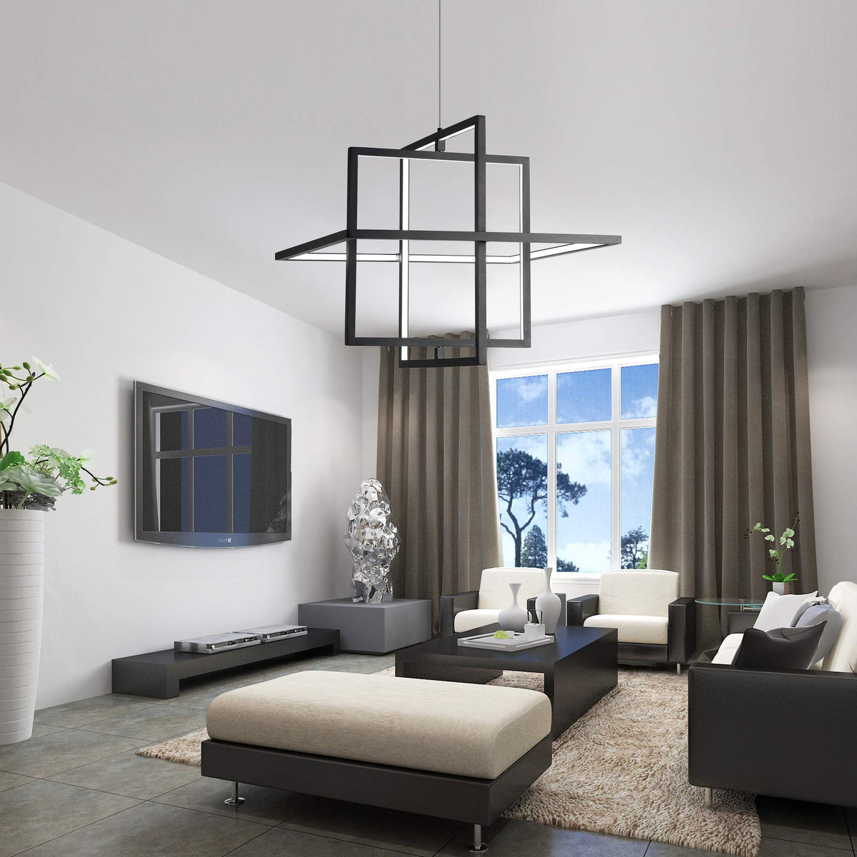 Modern Black LED Square Hanging Pendant Chandelier (Black / 3 Rings)