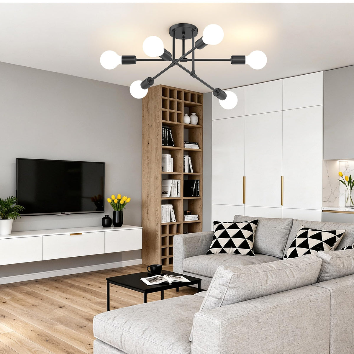 22" Modern Sputnik Chandelier (Matte Black / 6-Light)