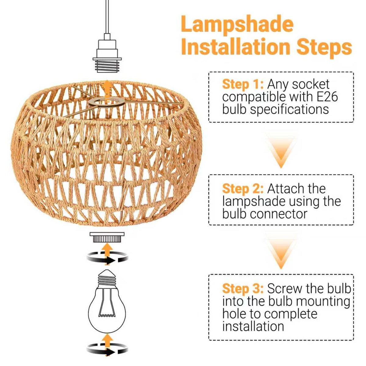 Hanging Light Lamp Shades Boho Rattan Lamp Shades (12.6 Inch-Drum Shade)