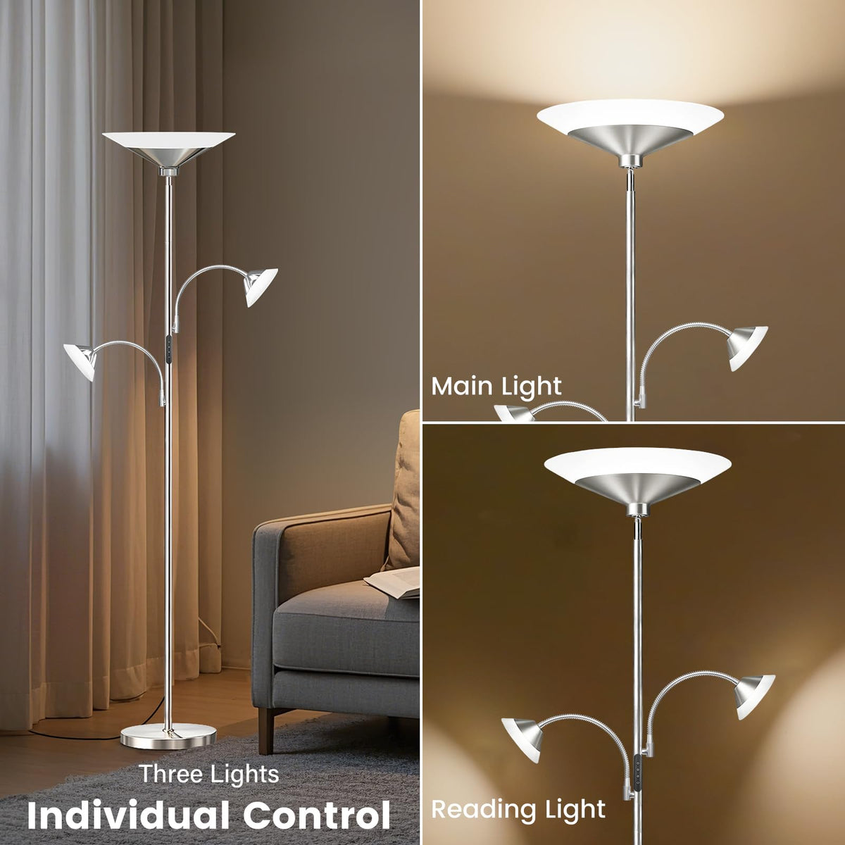 42W 3 Light Torchiere Floor Lamp (Metal Silver)