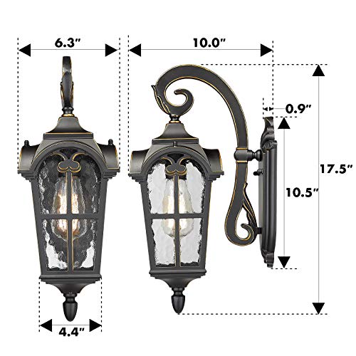 Outdoor Light Fixtures Wall Mount (Black & Gold Edges - Water Glass / 17.5 Inch - No Function)