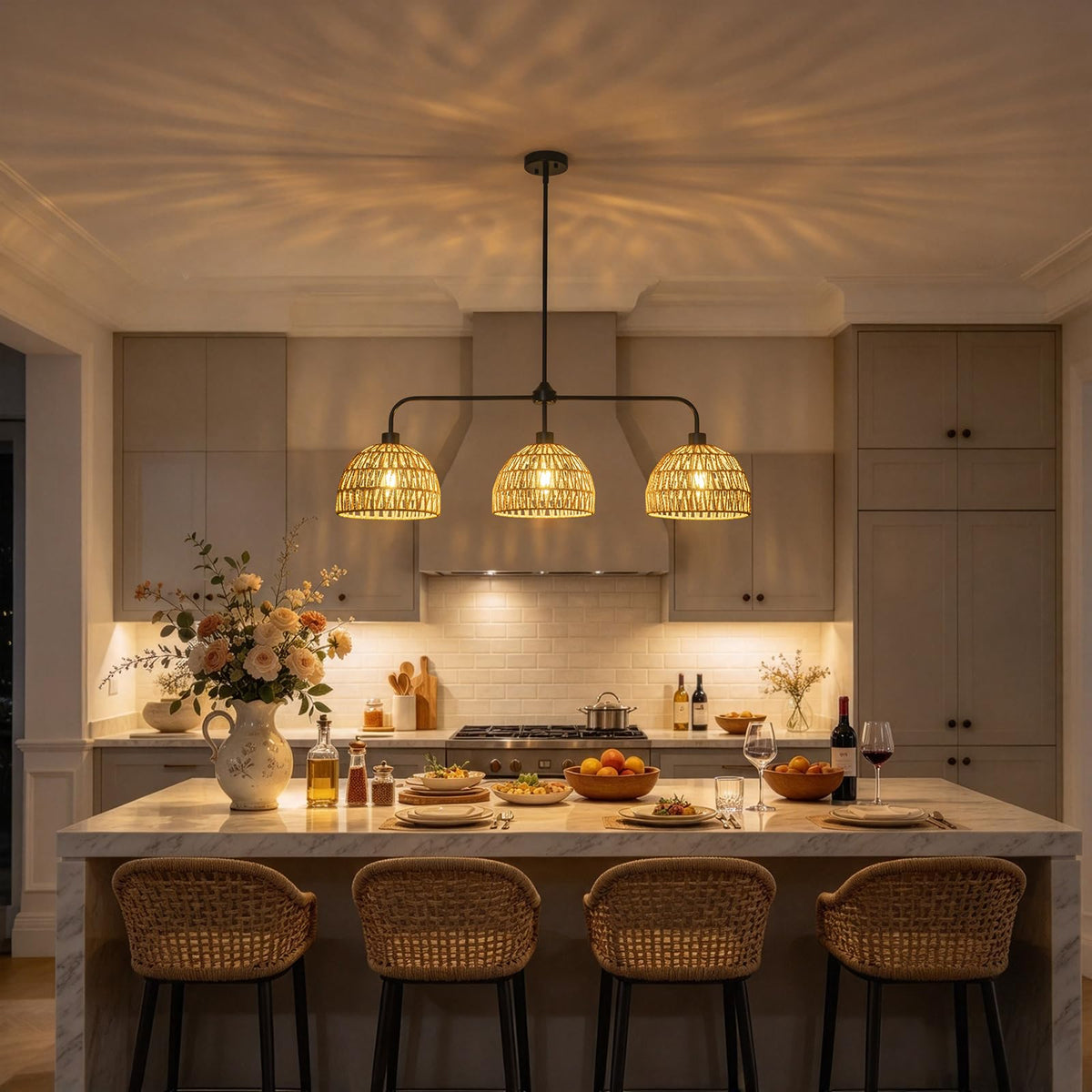 3 Light Hand Woven Rattan Kitchen Island Lighting (Black&Rattan)