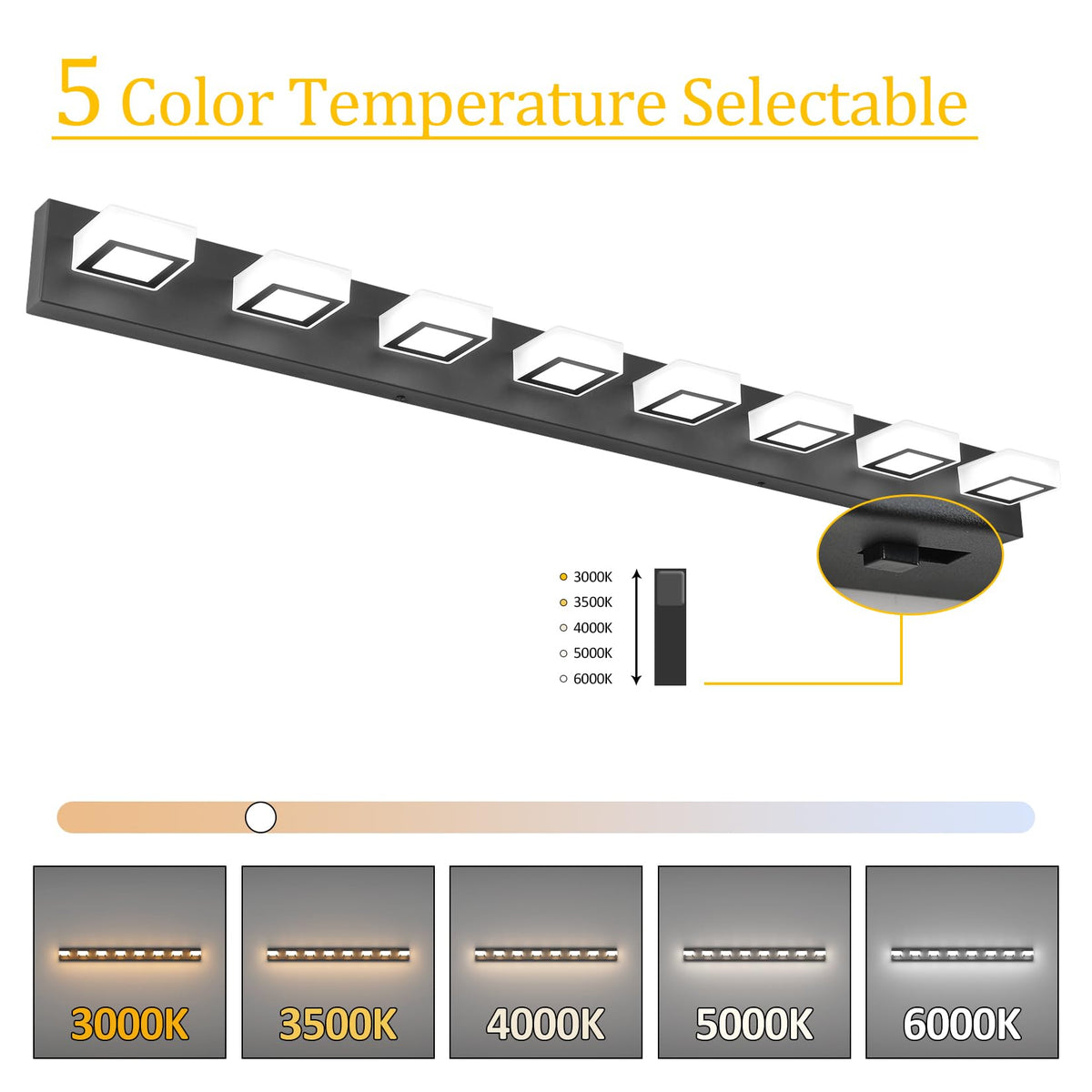52inch Black Vanity Lights 8 Lights Dimmable 5 Color Temperature Acrylic Modern LED Bathroom Vanity Lighting Fixtures Matte Black (Black-5 CCT / 52 inch)