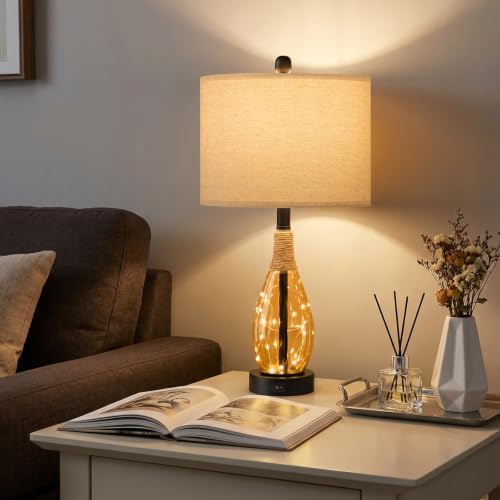 23" Table Lamps for Living Room Set of 2 Bedside Lamps for Night Stands Bedroom Lamps Farmhouse Rattan Boho Lamp Glass Nightlight End Table Lamp (Tea Brown)