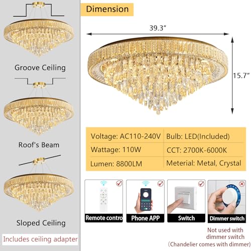 Modern Crystal Large Chandeliers LED Dimmable Flush Mount Ceiling Chandeliers for Living Room High Ceiling Entrance Foyer Bedroom (Gold / 39.3" Width)