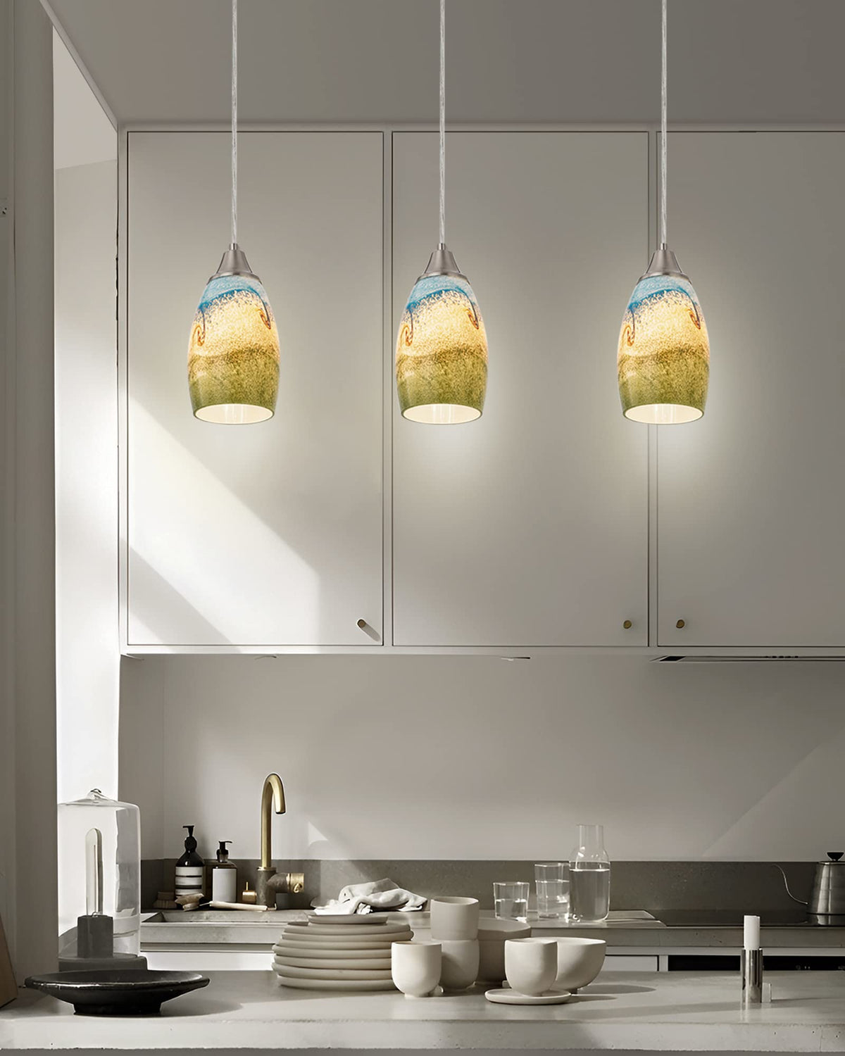 3pack Mini Pendant Lights Kitchen Island Hand Blown Art Glass Hanging Ceiling Pendant Light Over Kitchen Sink Glass Pendant Light Shade for Coffee Bar (Multi color-3Packs)