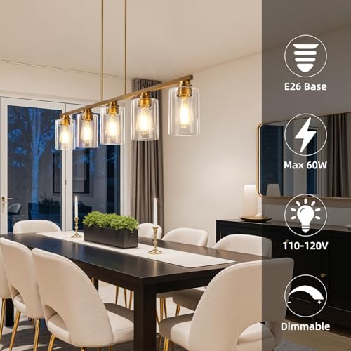 Island Light for Kitchen (Brushed Brass / 5 Light + Clear Glass)