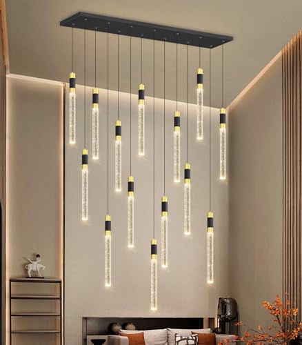 14 Lights Modern Rectangular Chandeliers for Living Room LED Dimmbale Light Fixture for High Ceiling Pendants Lighting for Dining Room (14 lights Rectangular)