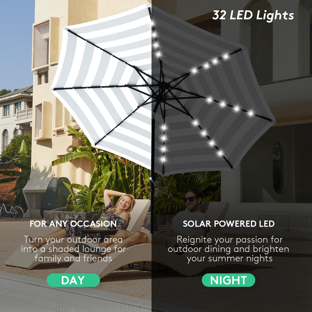 9' Patio Umbrella with Solar Lights (9 ft / Black & White Stripe)