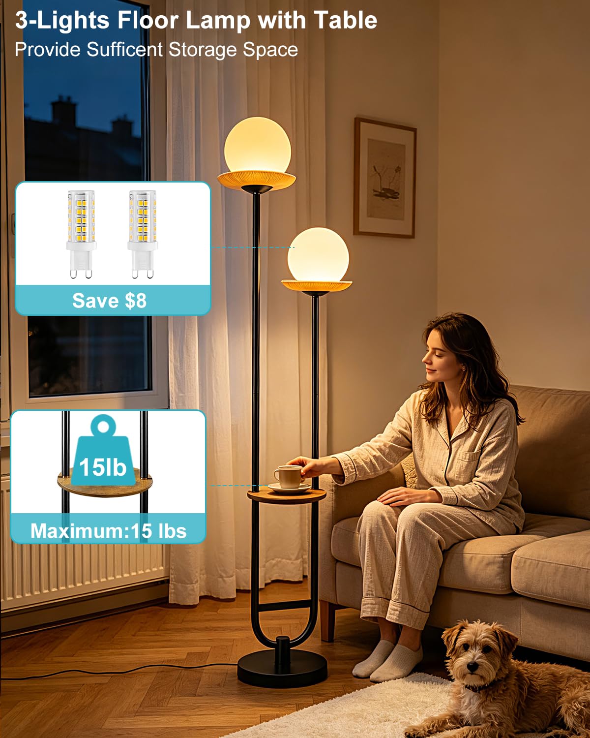 2 Globe Floor Lamp with Amber Glass Tray Black Dimmable Tall Lamp (Brown-2U Black)