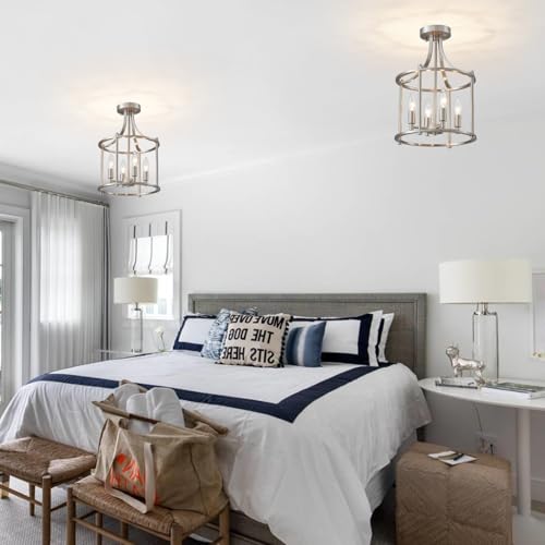 Brushed Nickel Semi Flush Mount Ceiling Light Fixture Modern 4 Light Round Small Mini Chandelier Cage Ceiling Lights for Entryway Foyer Hallway 12" Geometric Dining Room Chandelier (183-Brushed Nickel)
