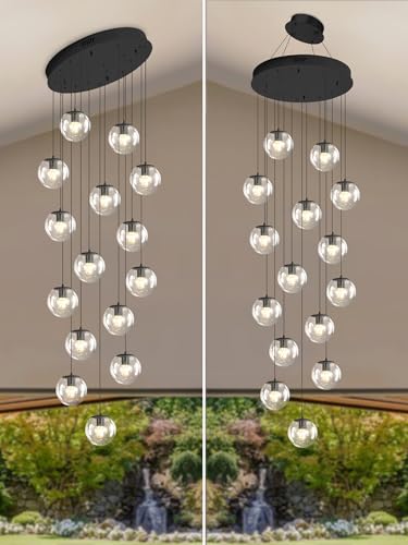 15 Light Black Chandelier with Globe Glass Dimmable Ceiling Light Glass Pendant Light for Kitchen Island (Black-Clear / Globe 15-Light)