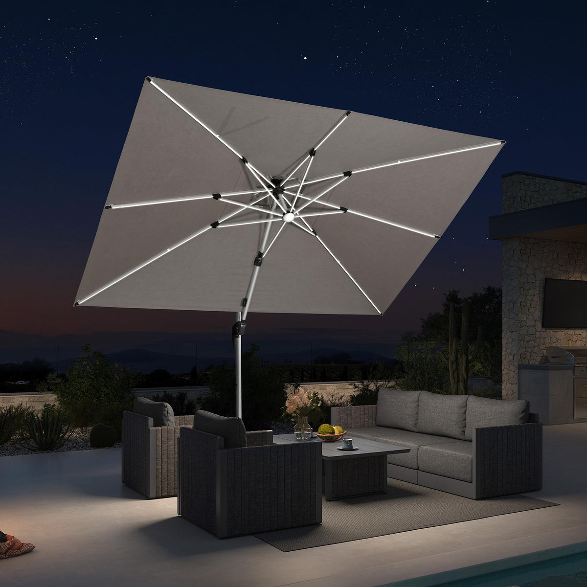 Patio Umbrella 10' X 10' Double Top Solar LED (Sunbrella Taupe / 10' X 10' (Preminum))