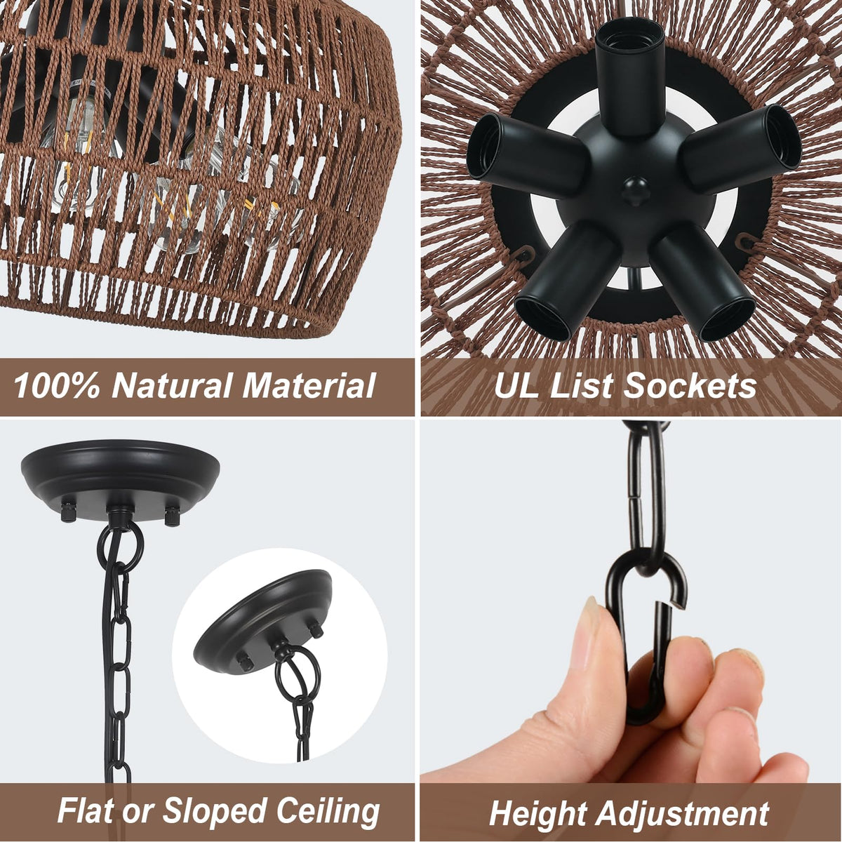 Coffee Rattan Chandeliers for Dining Room (Coffee / 5-Lights (D)18.1 in)