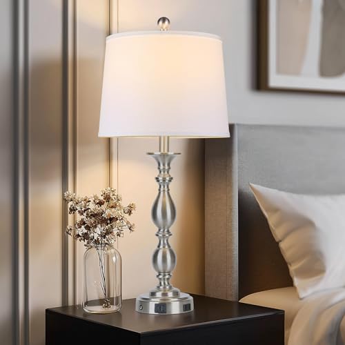 28" Tall Modern Table Lamp with USB A+C Ports and AC Outlet (Silver- 1 Pack)