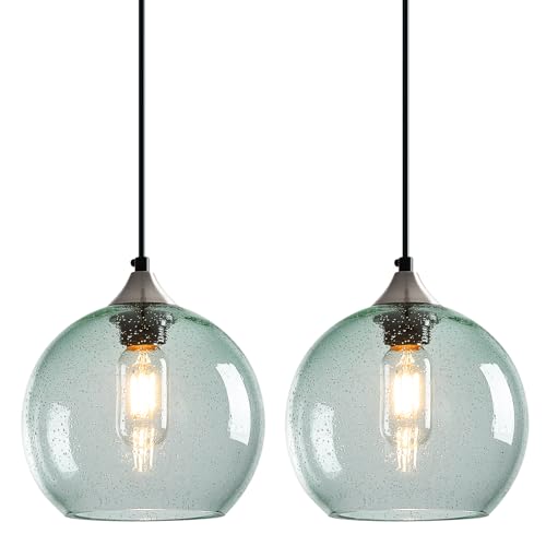 Light Green Seeded Glass Pendant Lights Kitchen Island 2 Pack (Light Green / M - 7.87 in)