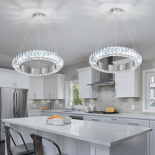 16" Ring Modern LED Dimmable Crystal Chandelier Adjustable Height Pendant Light Round Crystal Chandelier Light Fixtures for Dining Room Living Room Kitchen Island Silver (Silver / 1 Ring Round 16")