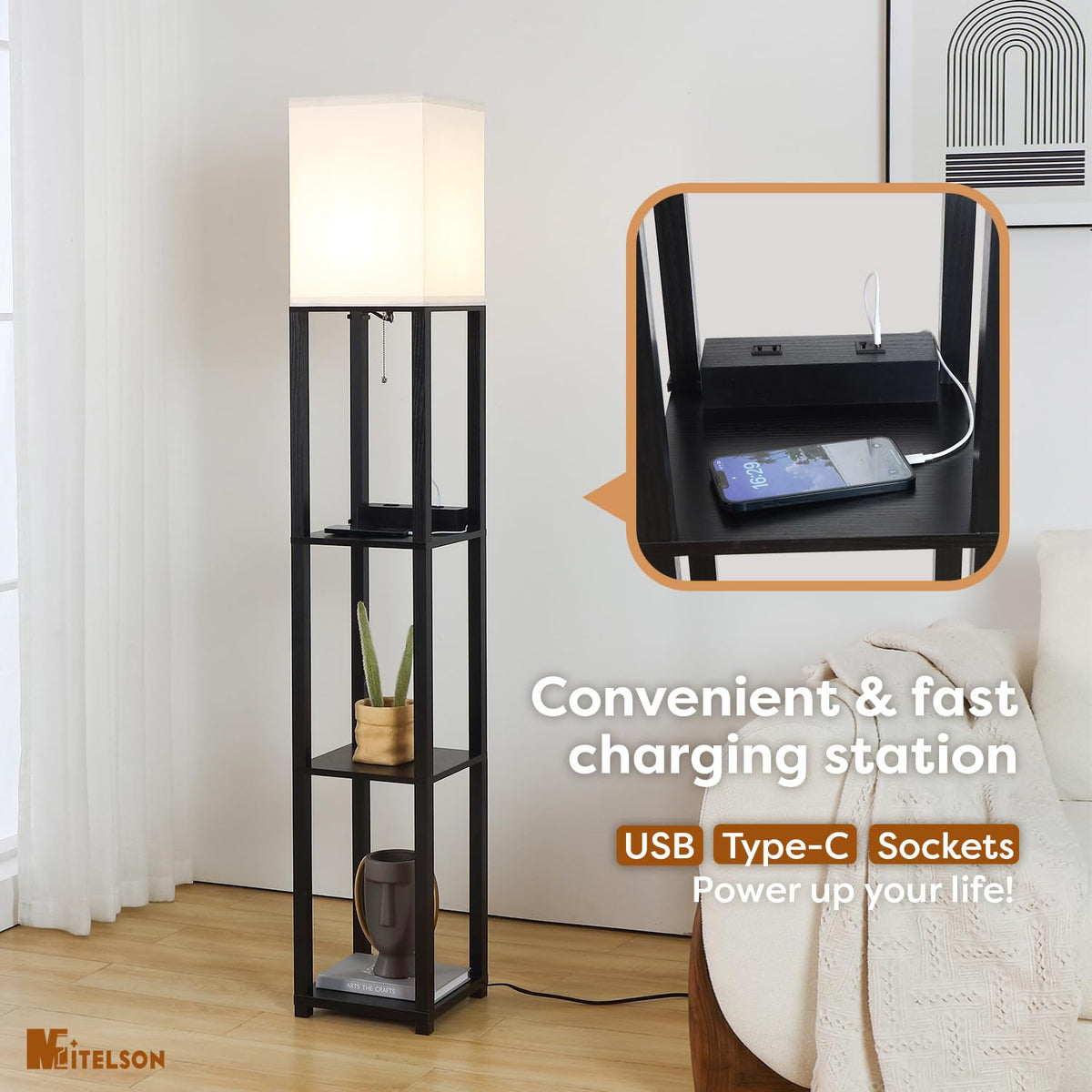 Floor Lamp with Shelves and USB (Black(USB))