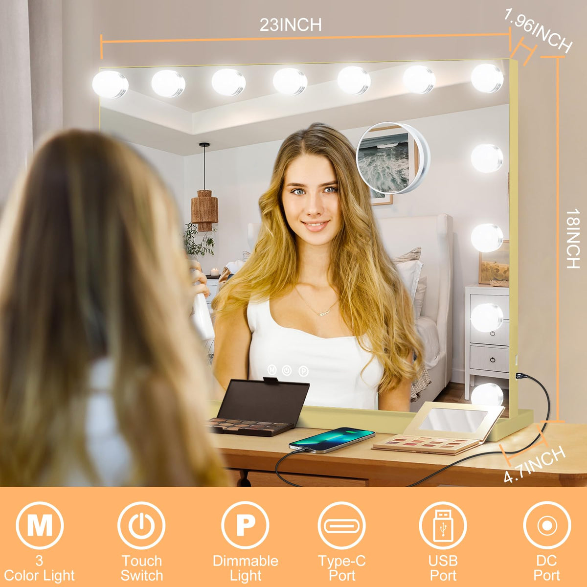 Vanity Mirror with Lights (Gold / 23"L x 18"W)